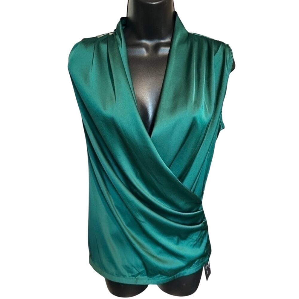 AVANOVA Emerald Green women’s Satin Wrap Blouse Sleeveless V Neck Top Medium NWT